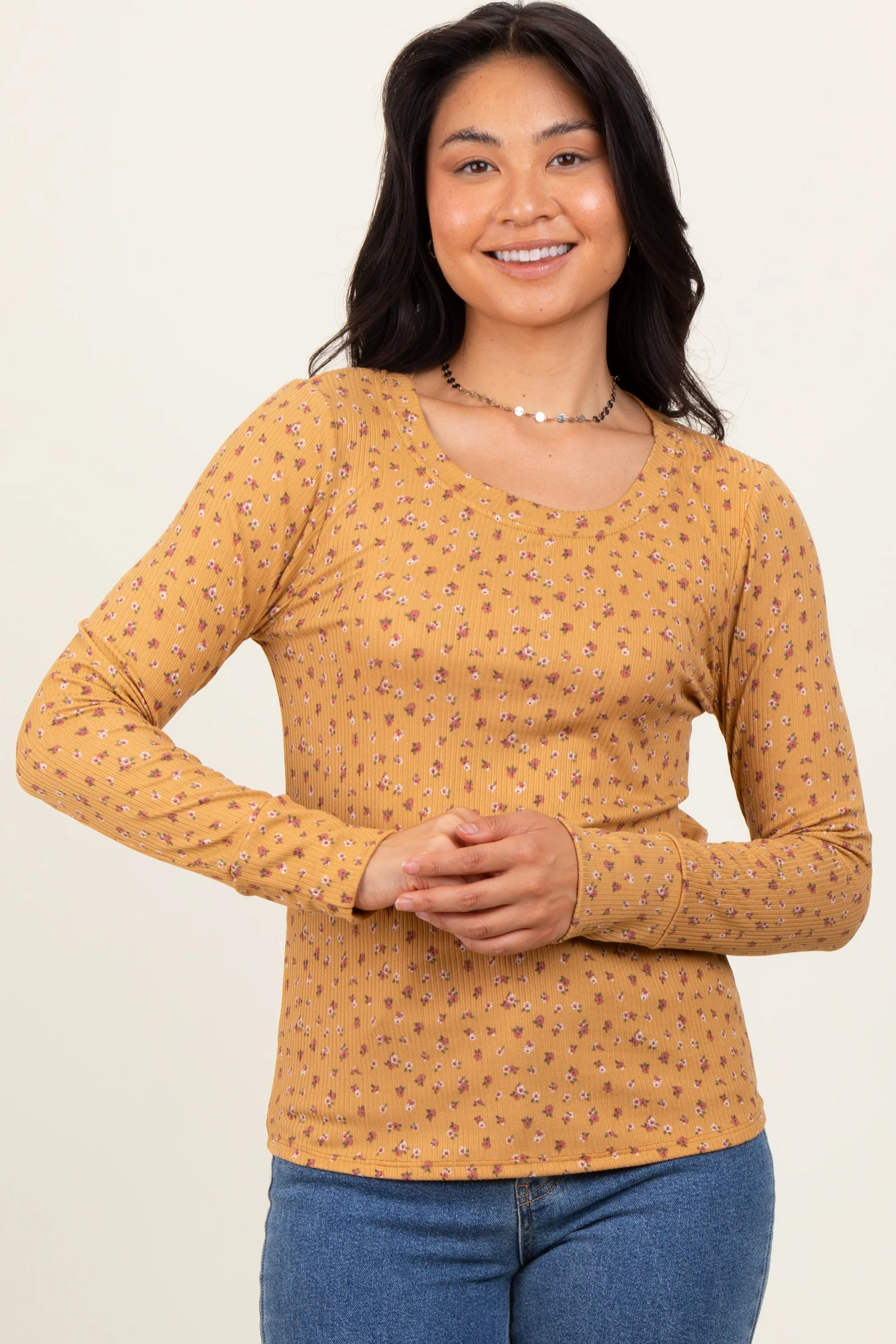 Yellow Floral Ribbed Long Sleeve Maternity Top - Image 4