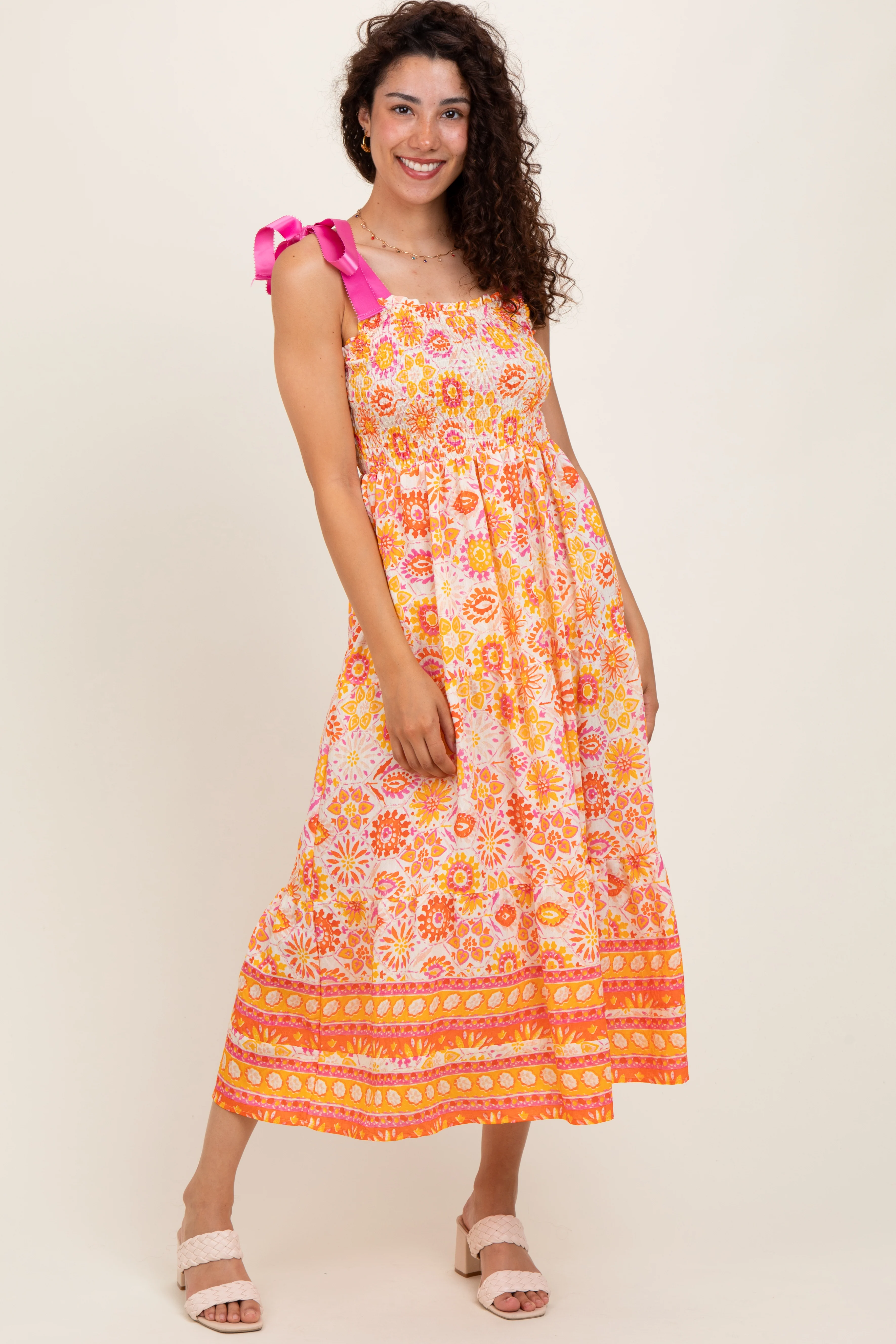 Yellow Floral Shoulder Tie Smocked Maternity Midi Dress - Image 5