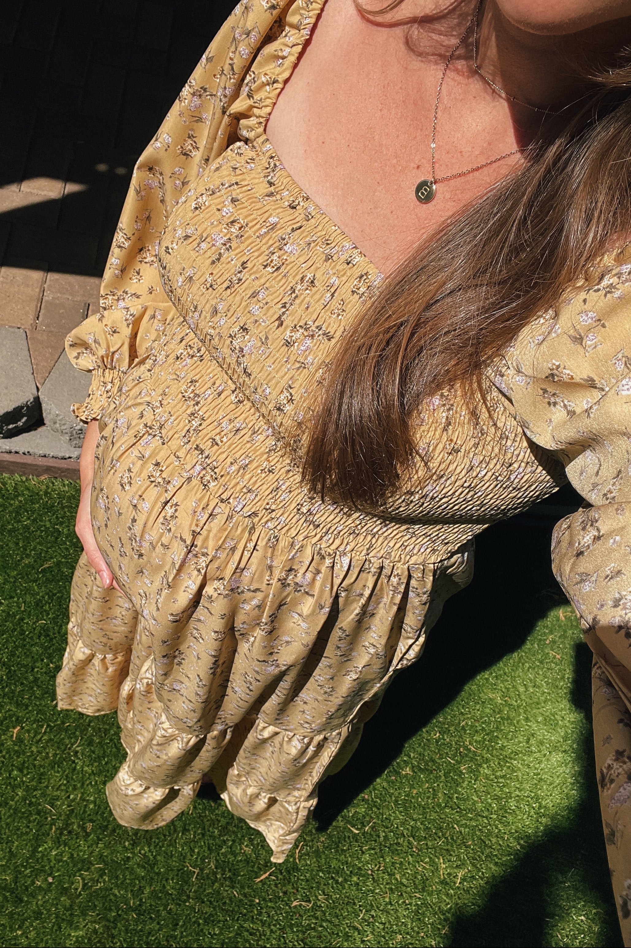 Yellow Floral Smocked Long Sleeve Maternity Maxi Dress - Image 4
