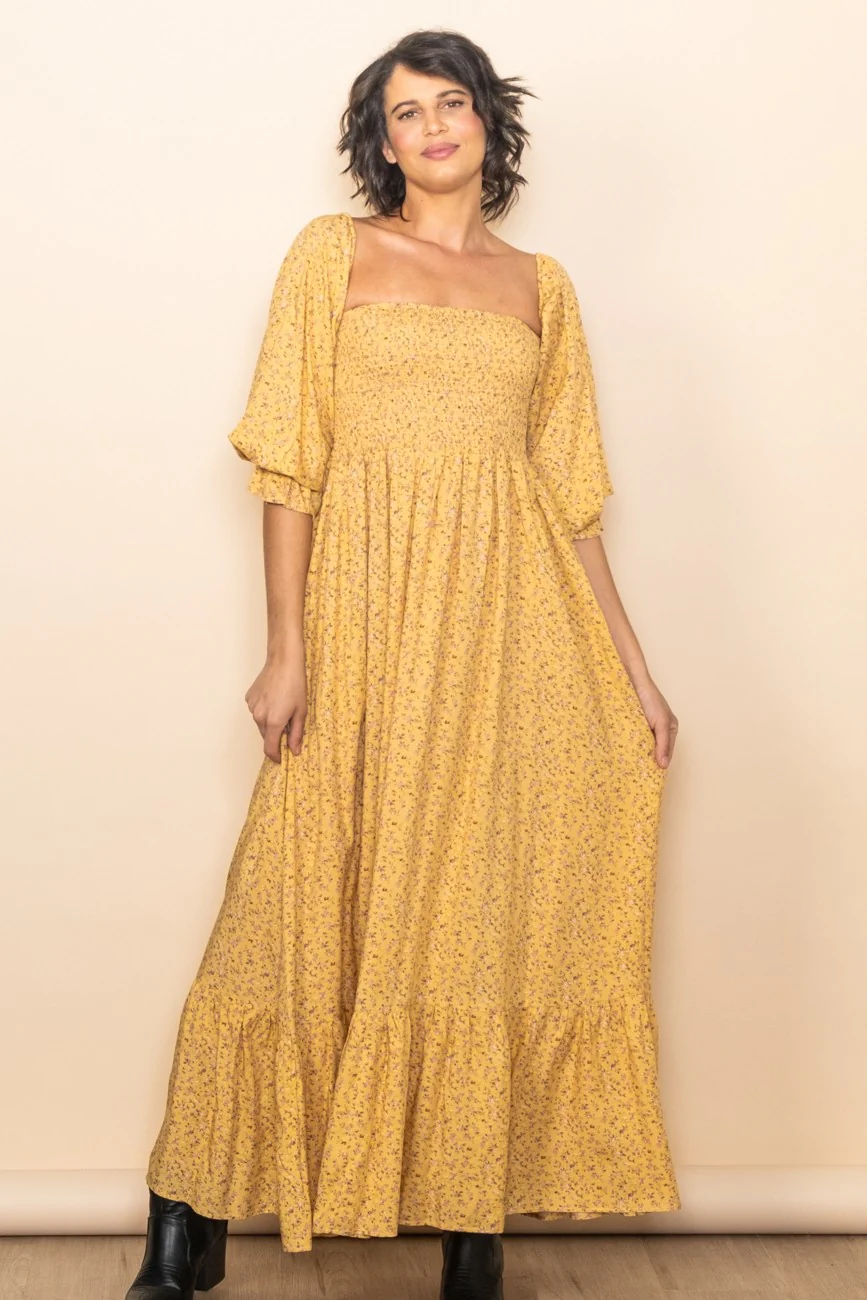 Yellow Floral Smocked Off Shoulder Maternity Maxi Dress - Image 3