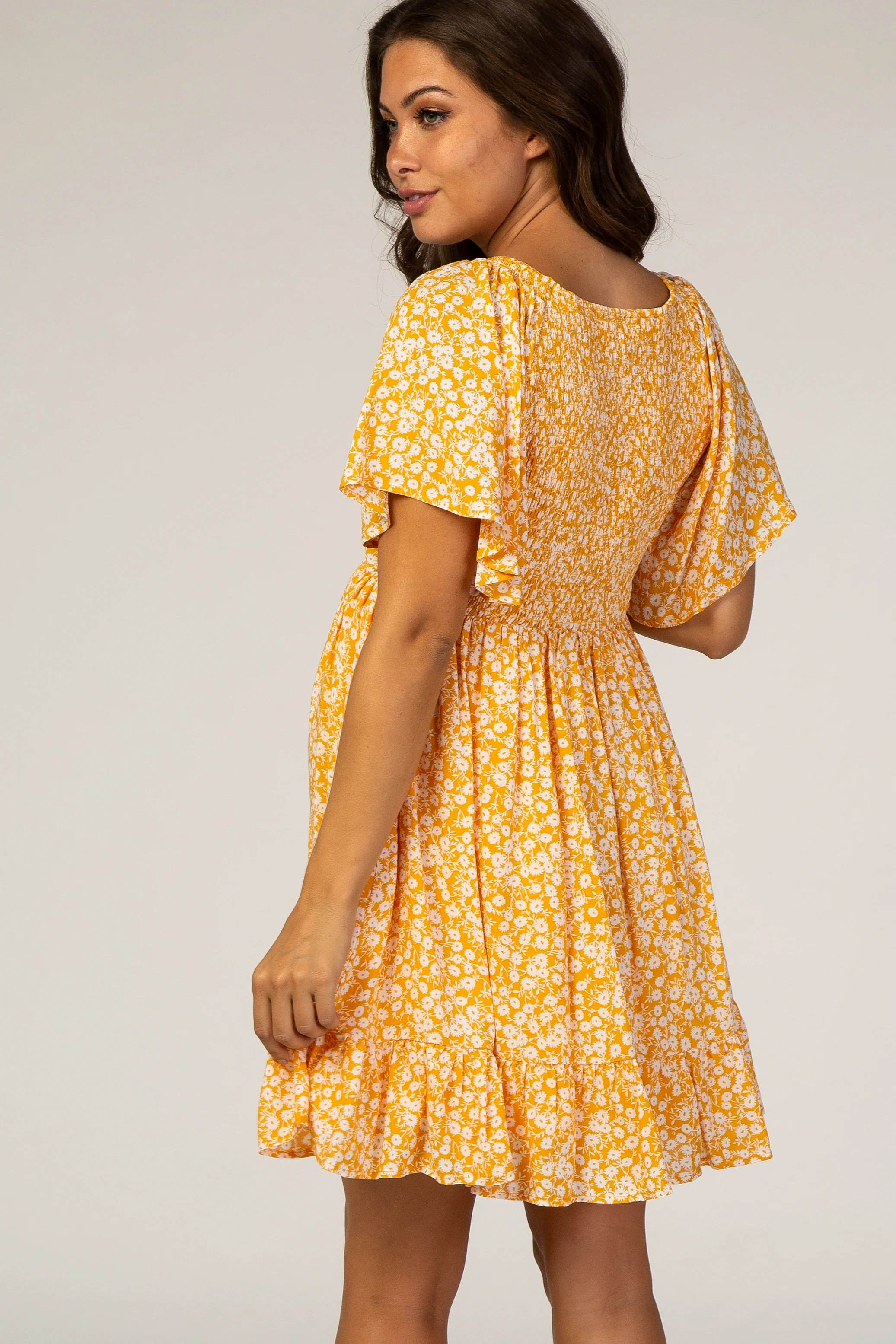 Yellow Floral Smocked Ruffle Maternity Dress - Image 4