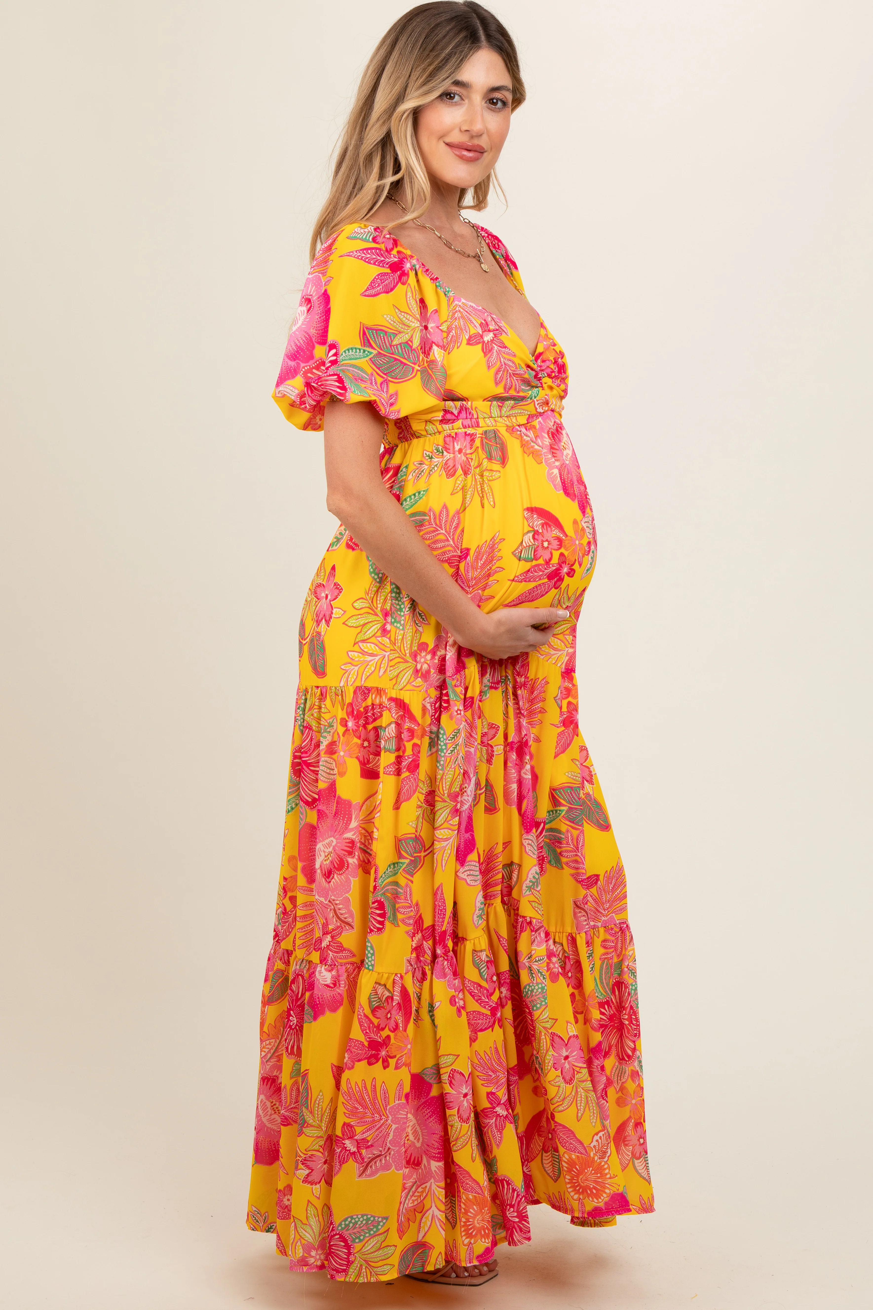 Yellow Floral Sweetheart Neck Tiered Maternity Maxi Dress - Image 3