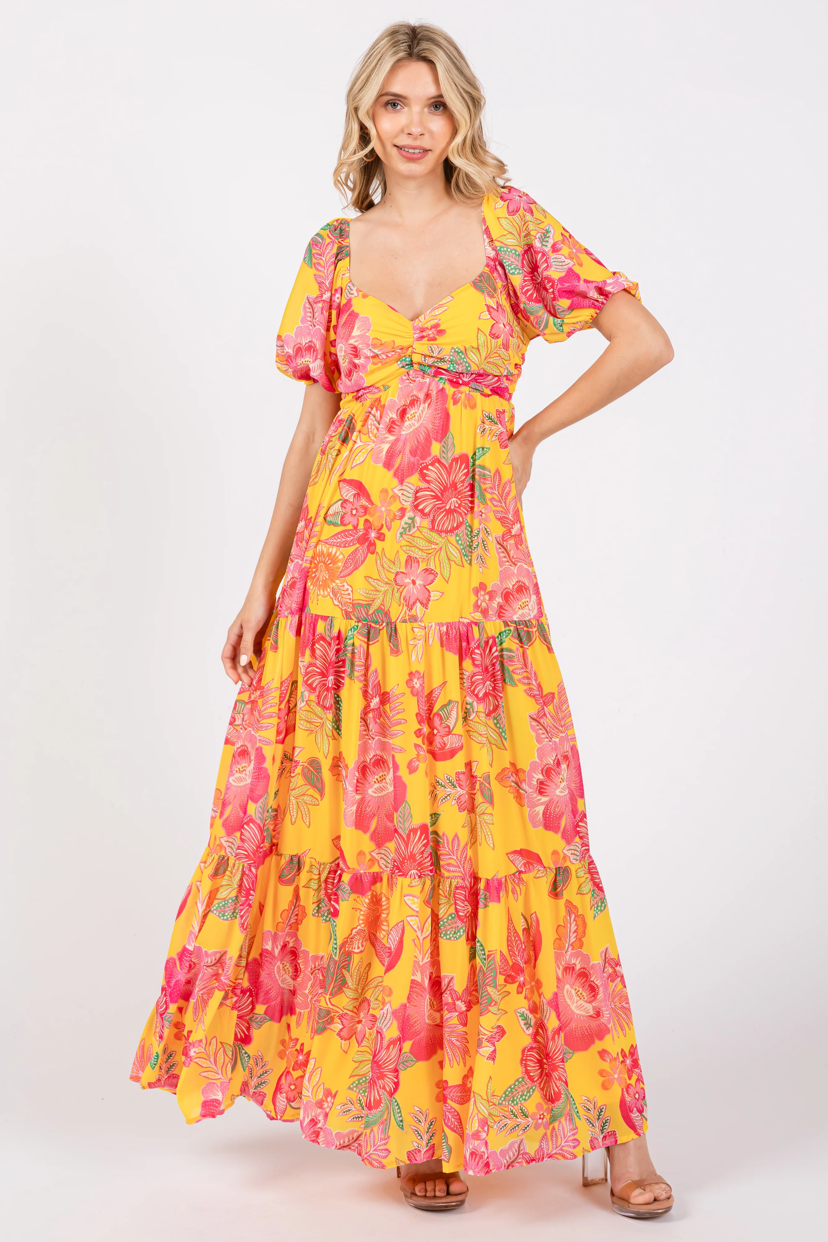 Yellow Floral Sweetheart Neck Tiered Maternity Maxi Dress - Image 5