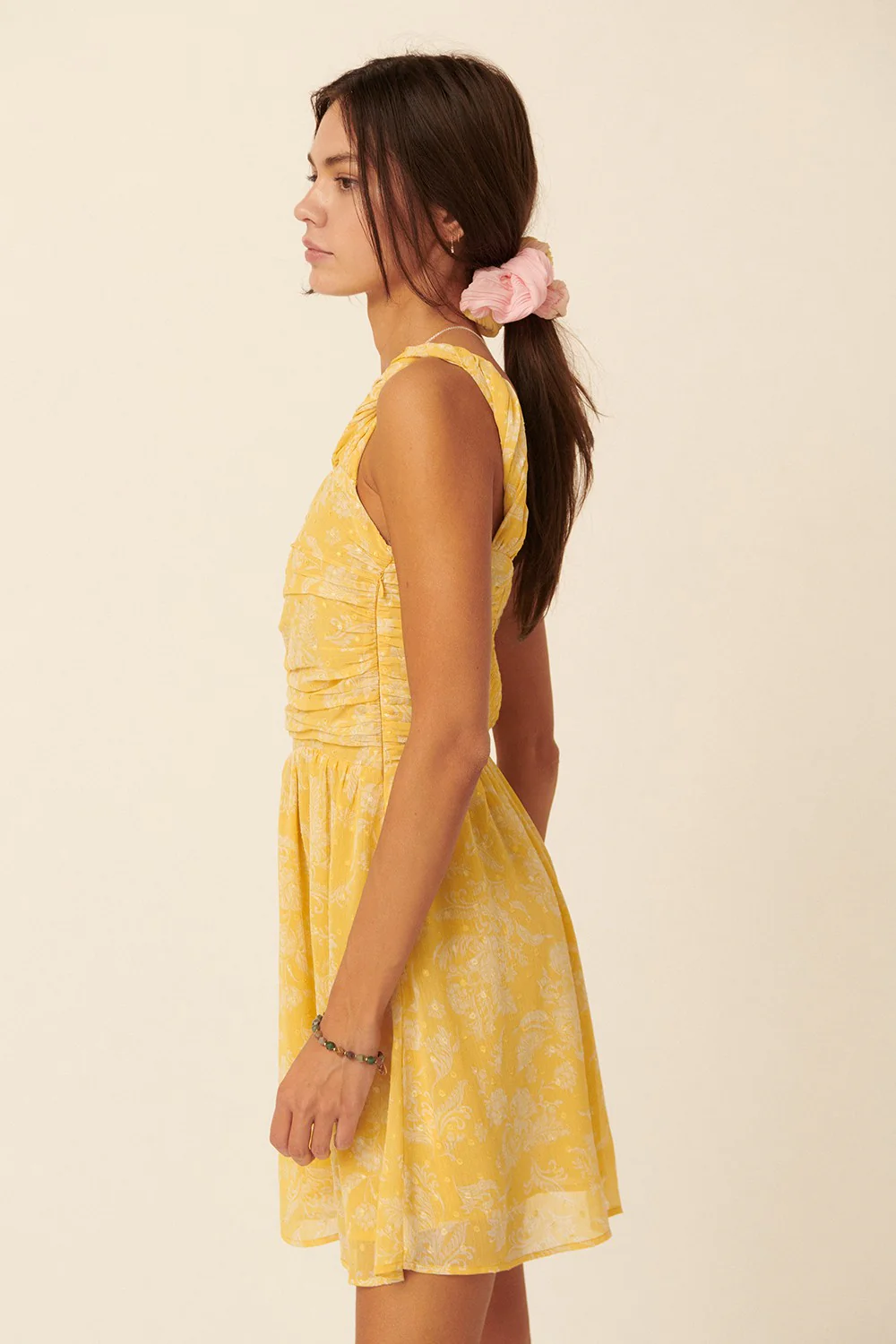 Yellow Floral Swiss Dot Chiffon One Shoulder Mini Dress - Image 2