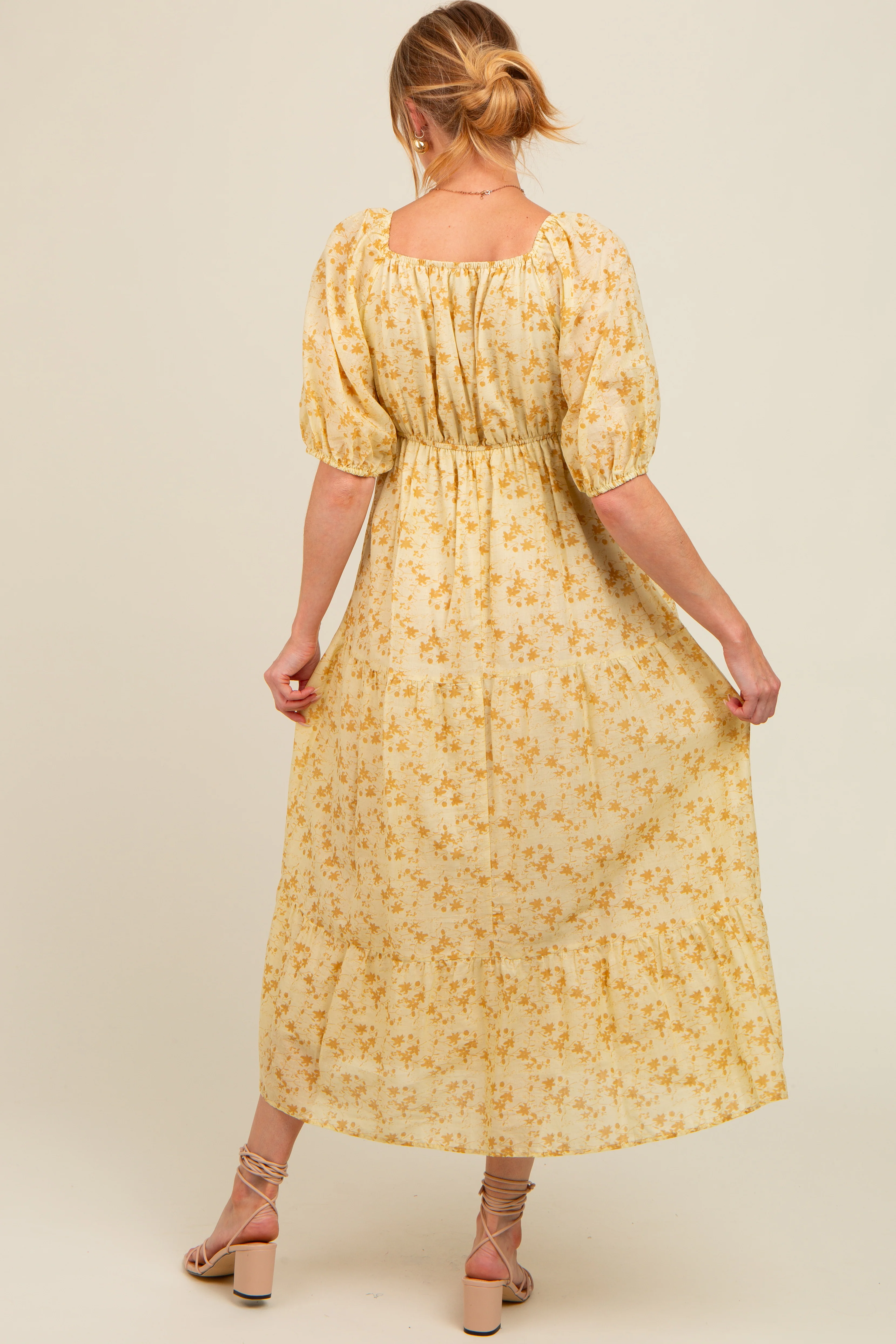 Yellow Floral V-Neck Tiered Maternity Midi Dress - Image 4
