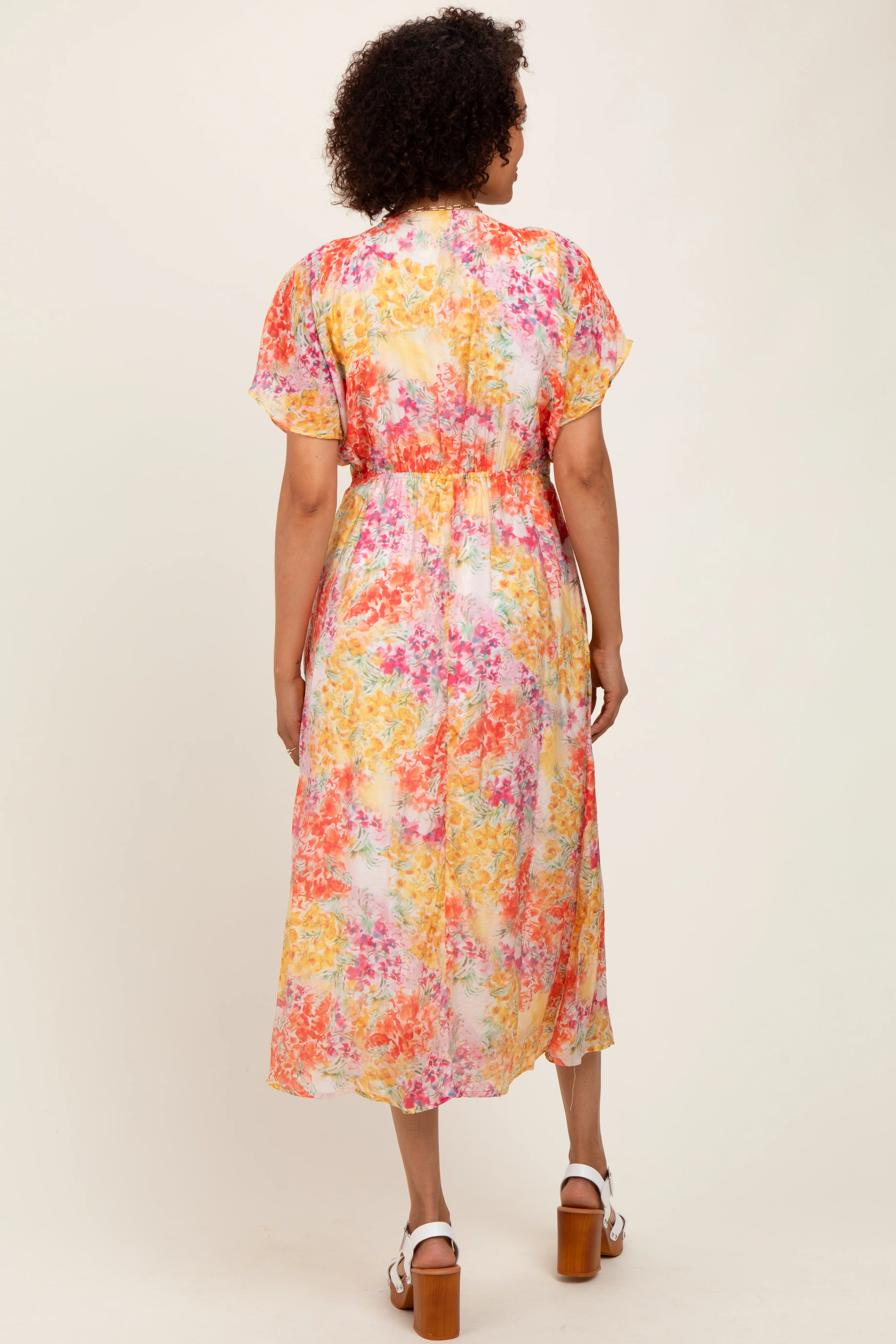 Yellow Mix Textured Floral Gathered V Neck Dress - Image 3