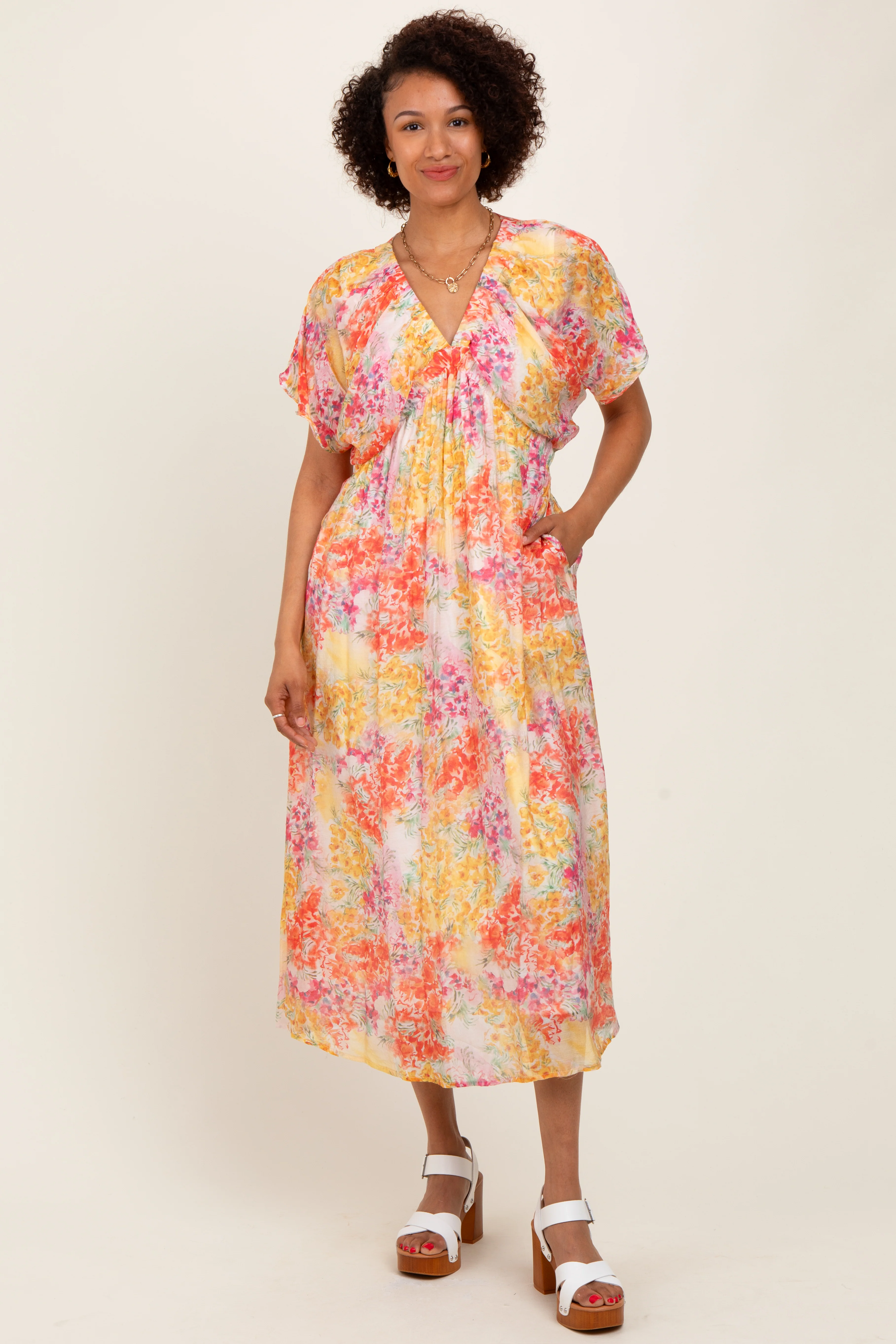 Yellow Mix Textured Floral Gathered V Neck Maternity Dress - Image 4