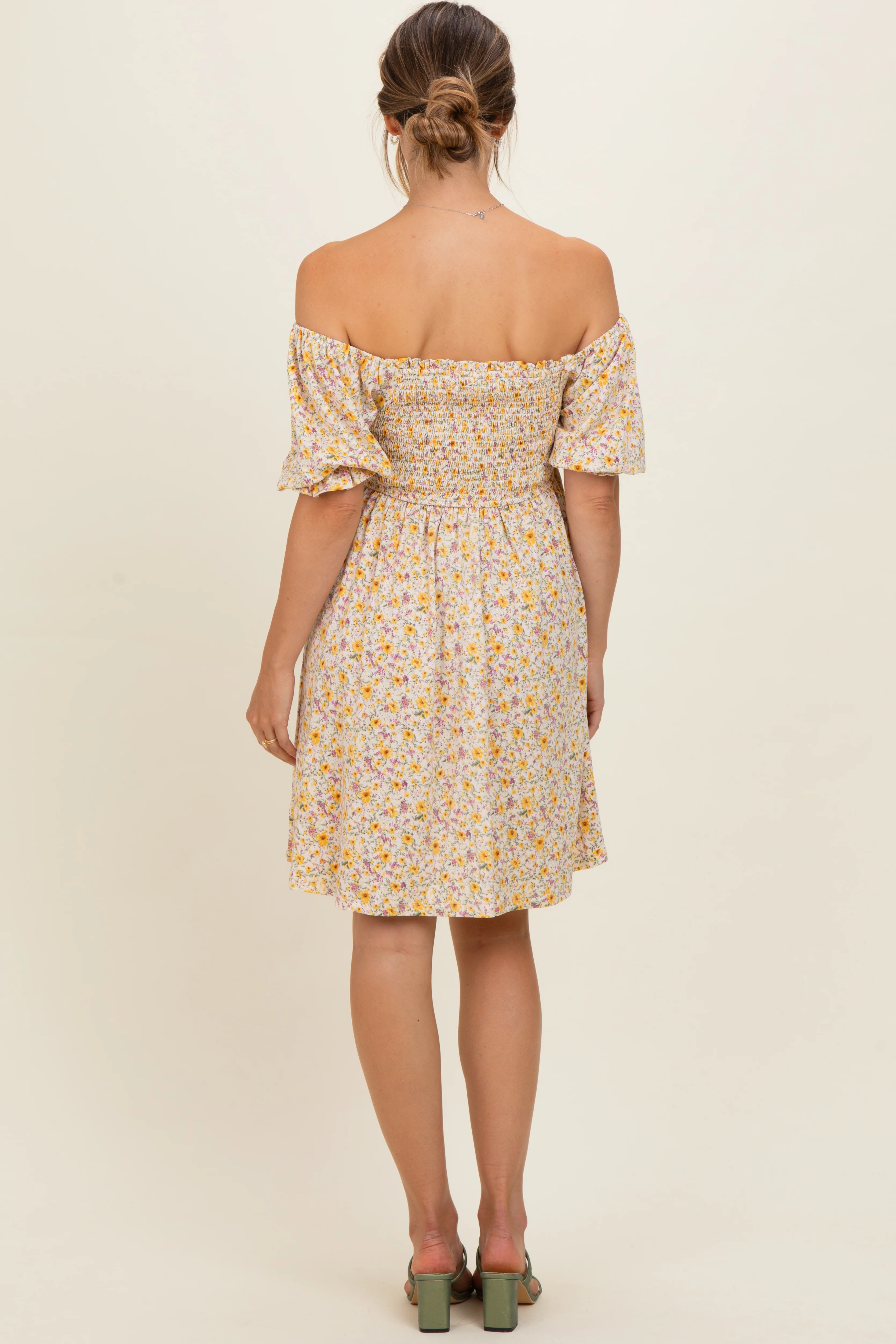 Yellow Multi Ditsy Floral Ruffle Bubble Sleeve Smocked Maternity Dress - Image 4