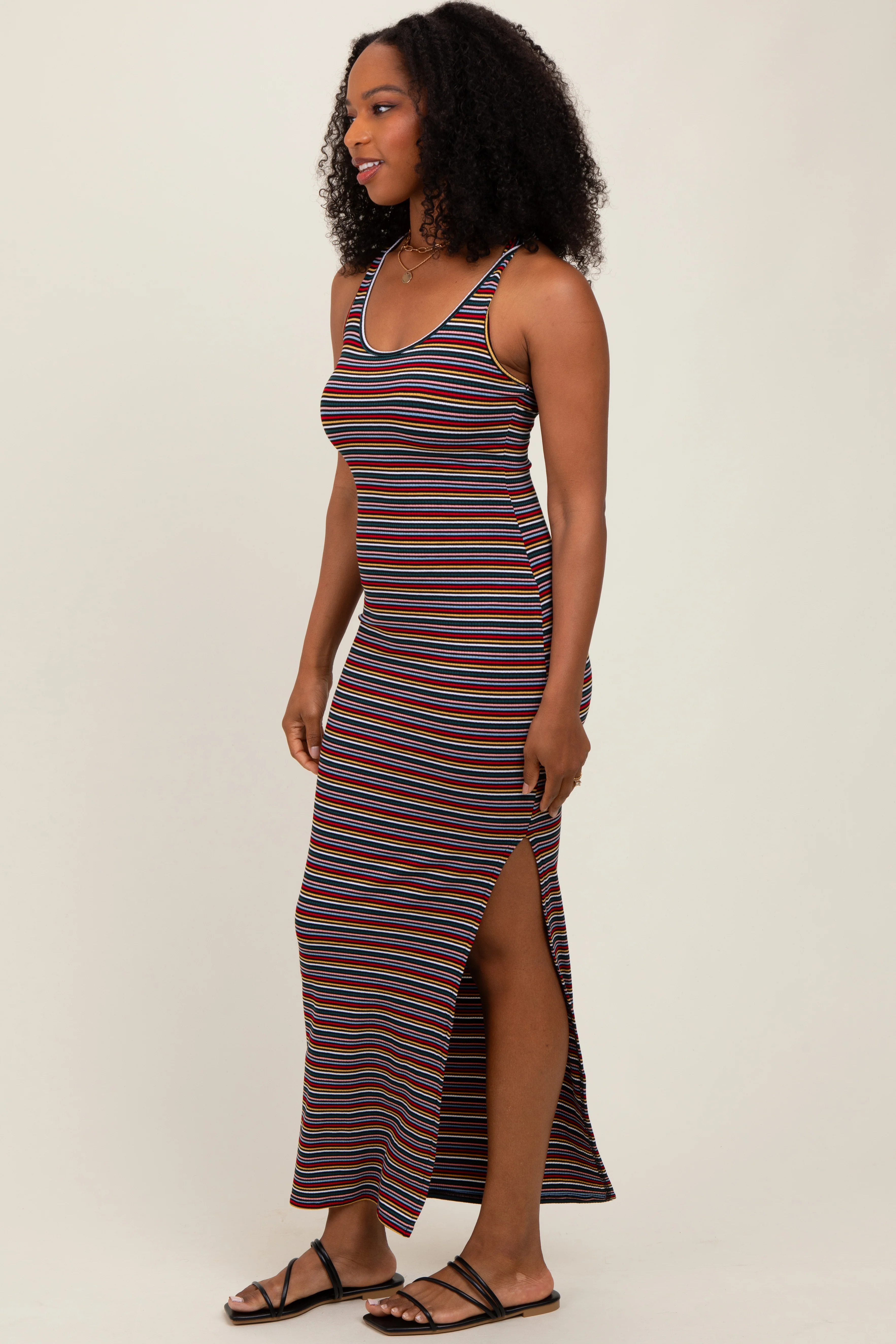 Yellow Multicolor Striped Side Slit Maxi Dress - Image 3