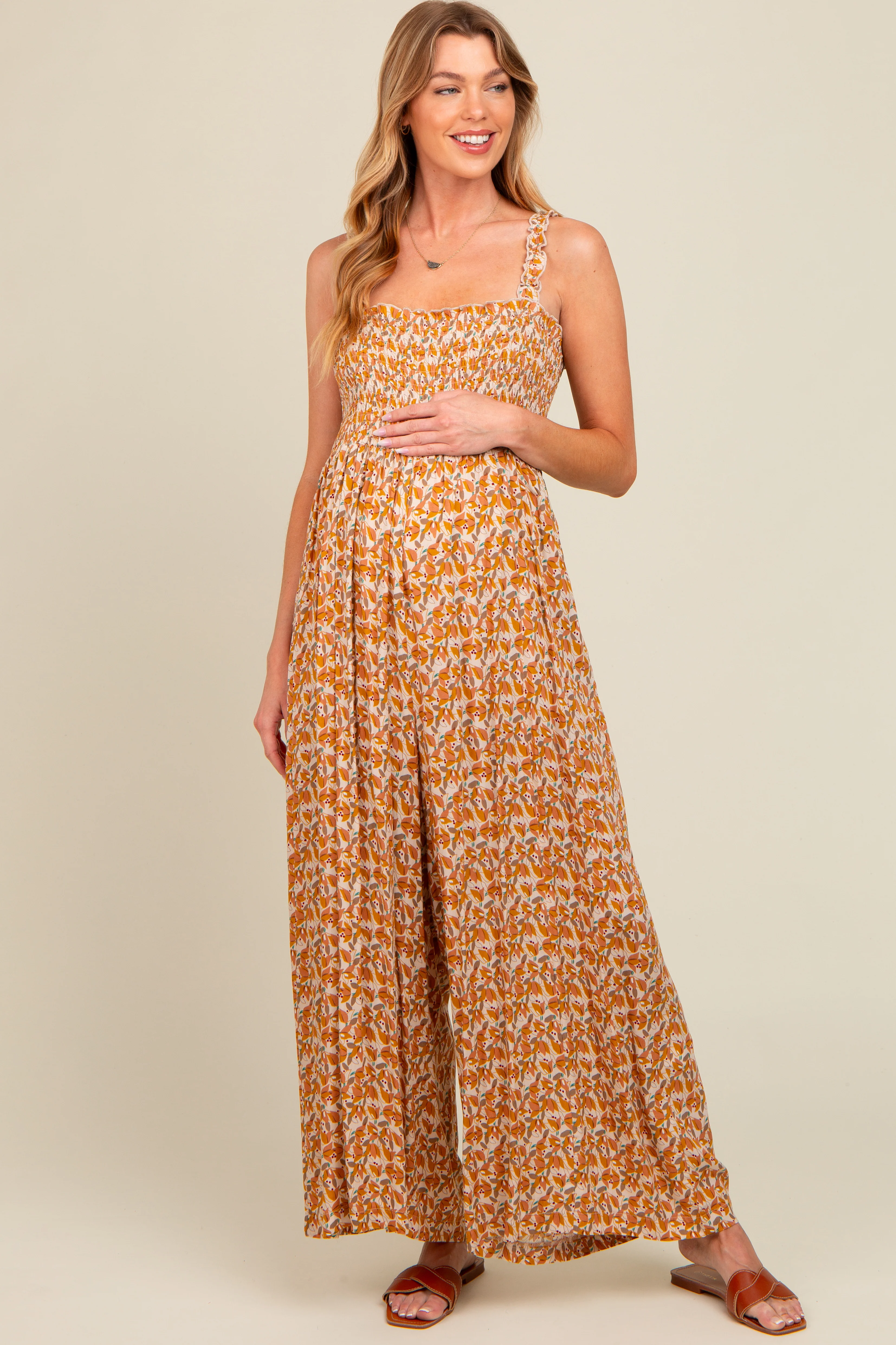 Yellow Printed Smocked Wide Leg Maternity Jumpsuit - Image 2