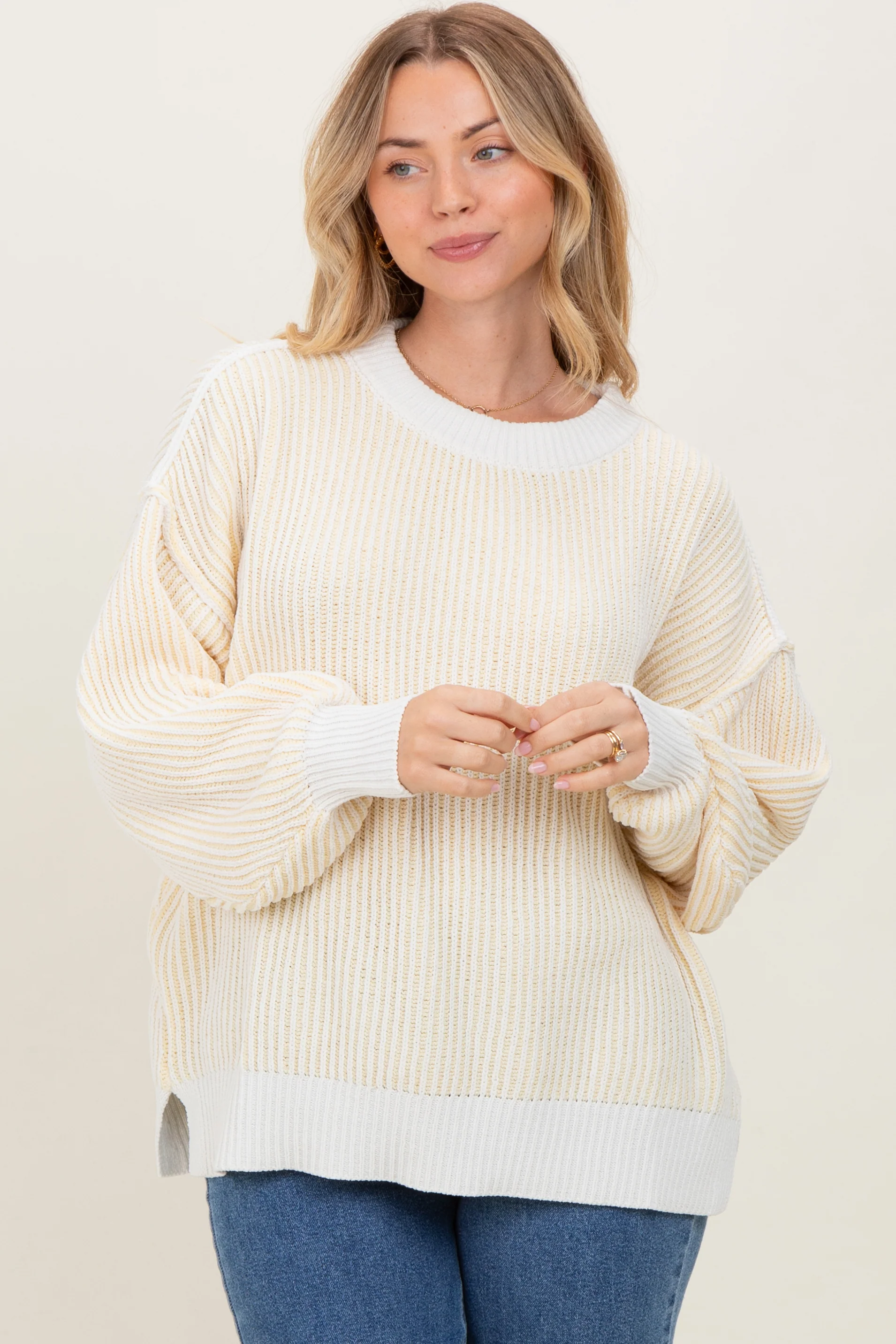 Yellow Ribbed Balloon Sleeve Sweater - Image 2