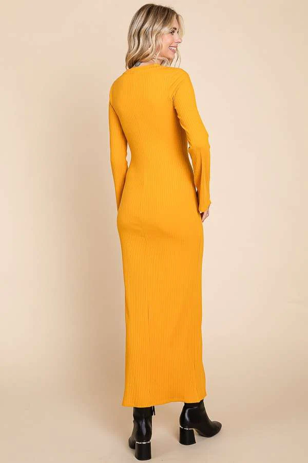 Yellow Ribbed Side Slit Maxi Dress - Image 3