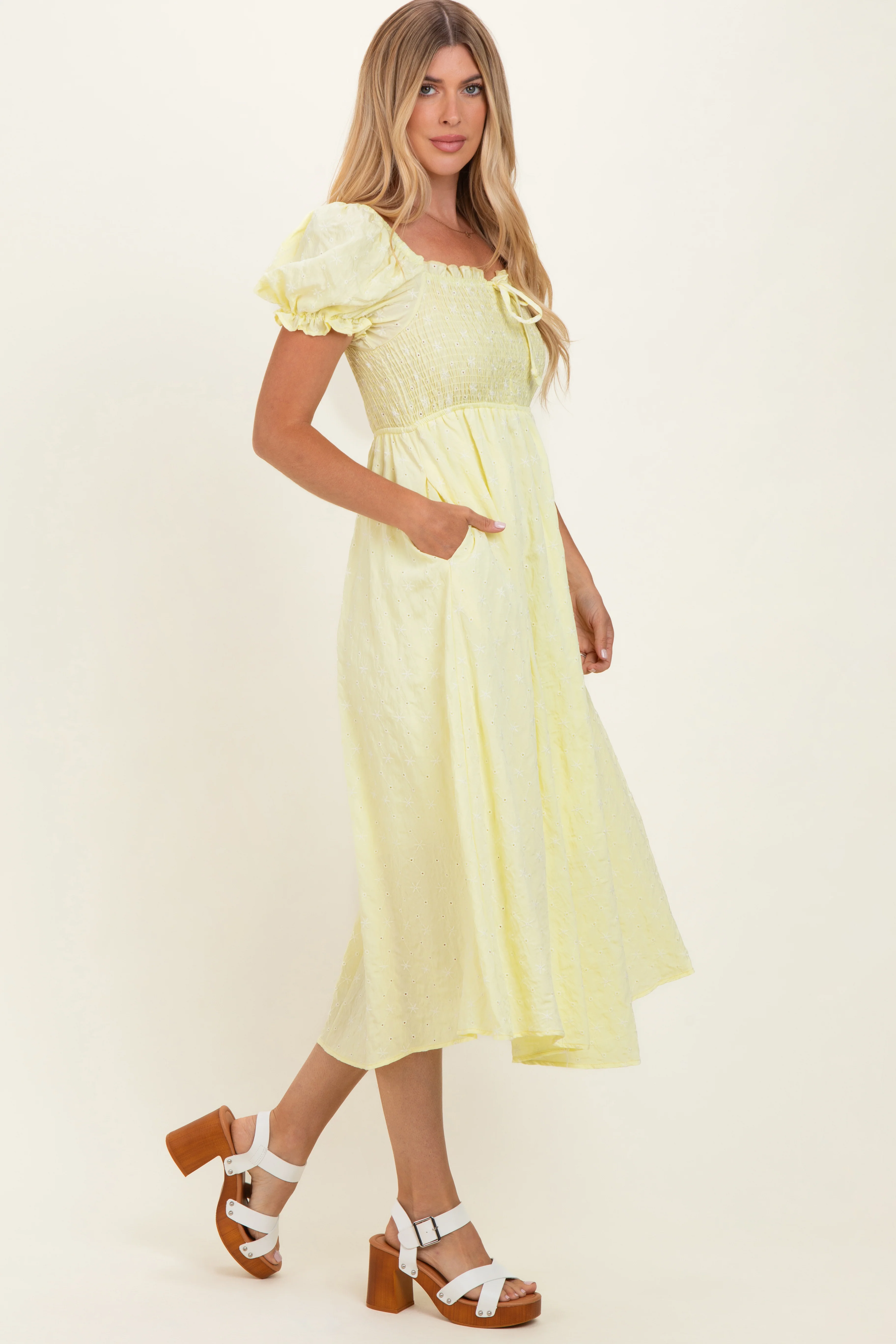 Yellow Square Neck Puff Sleeve Midi Dress - Image 2