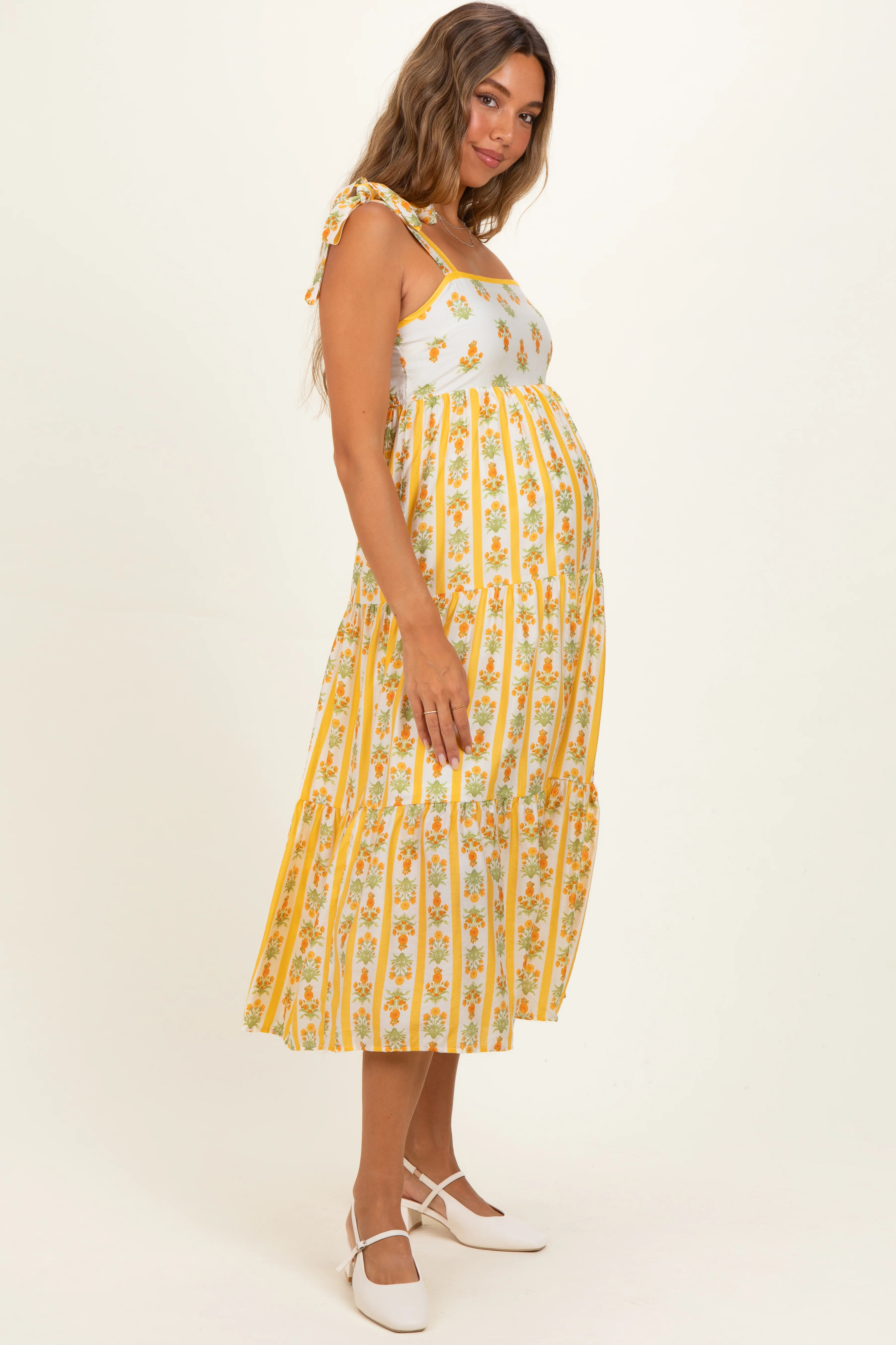 Yellow Striped Floral Shoulder Tie Maternity Midi Dress - Image 2