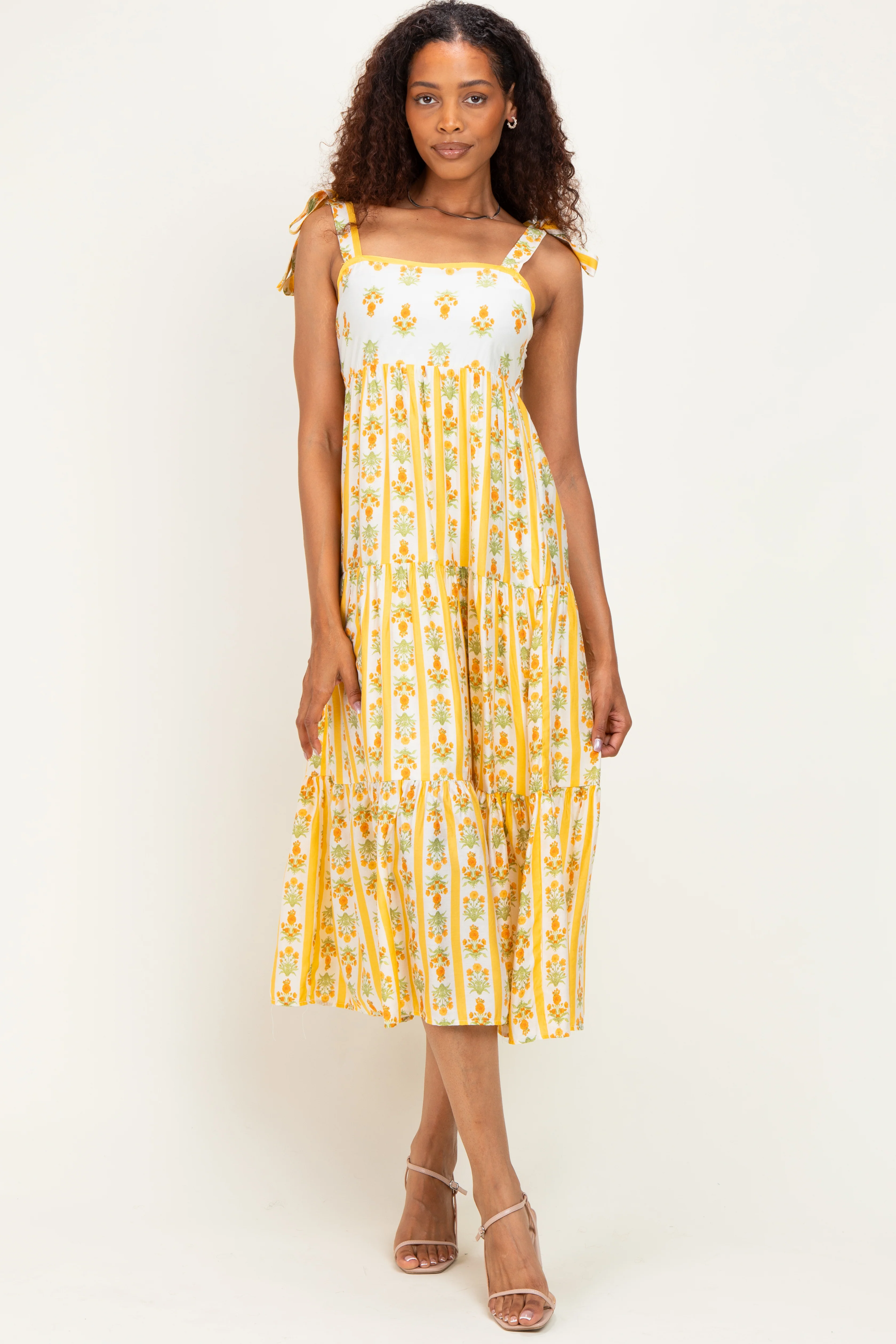 Yellow Striped Floral Shoulder Tie Maternity Midi Dress - Image 4
