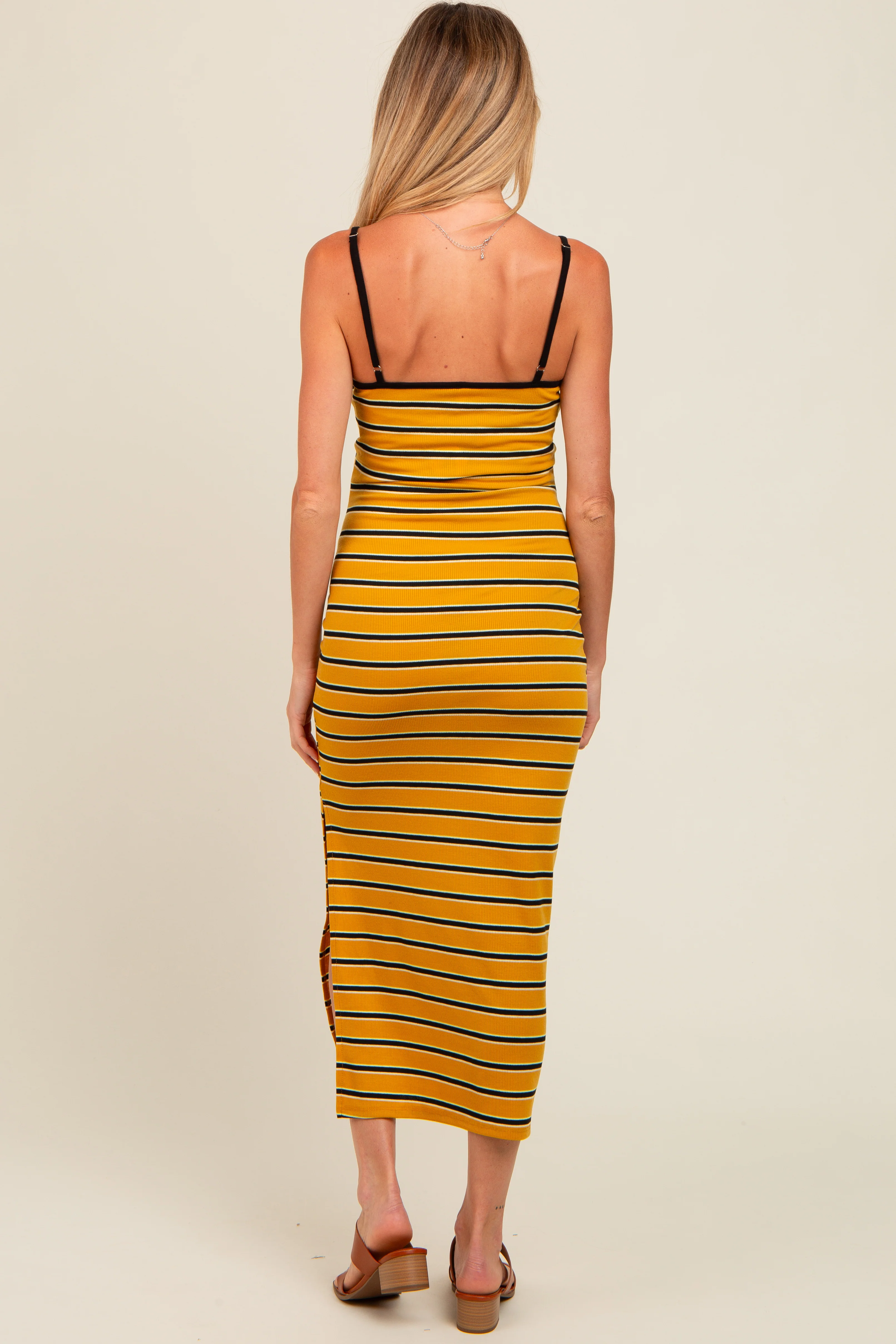 Yellow Striped Ribbed Side Slit Maternity Midi Dress - Image 4