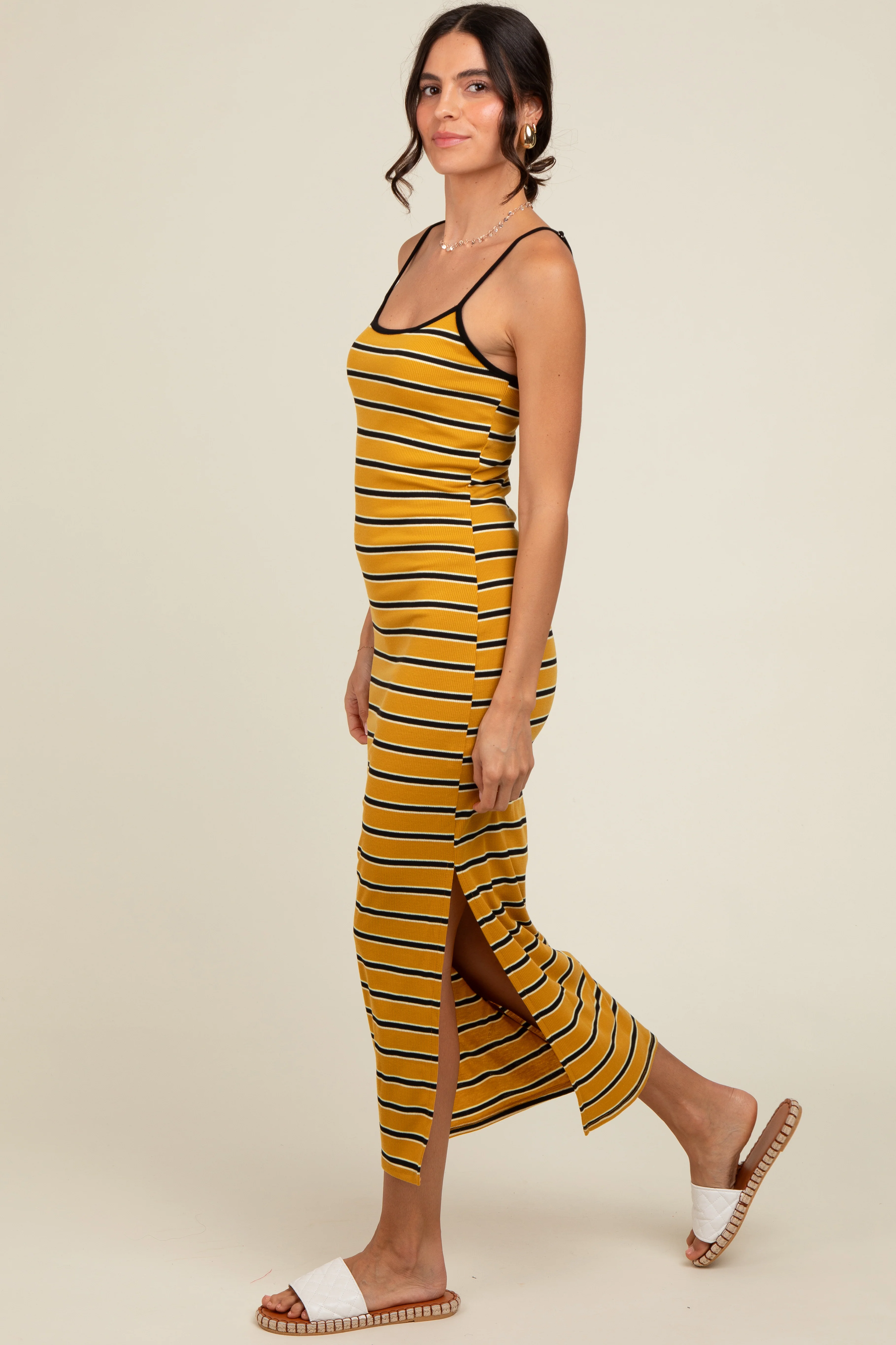 Yellow Striped Ribbed Side Slit Maternity Midi Dress - Image 5