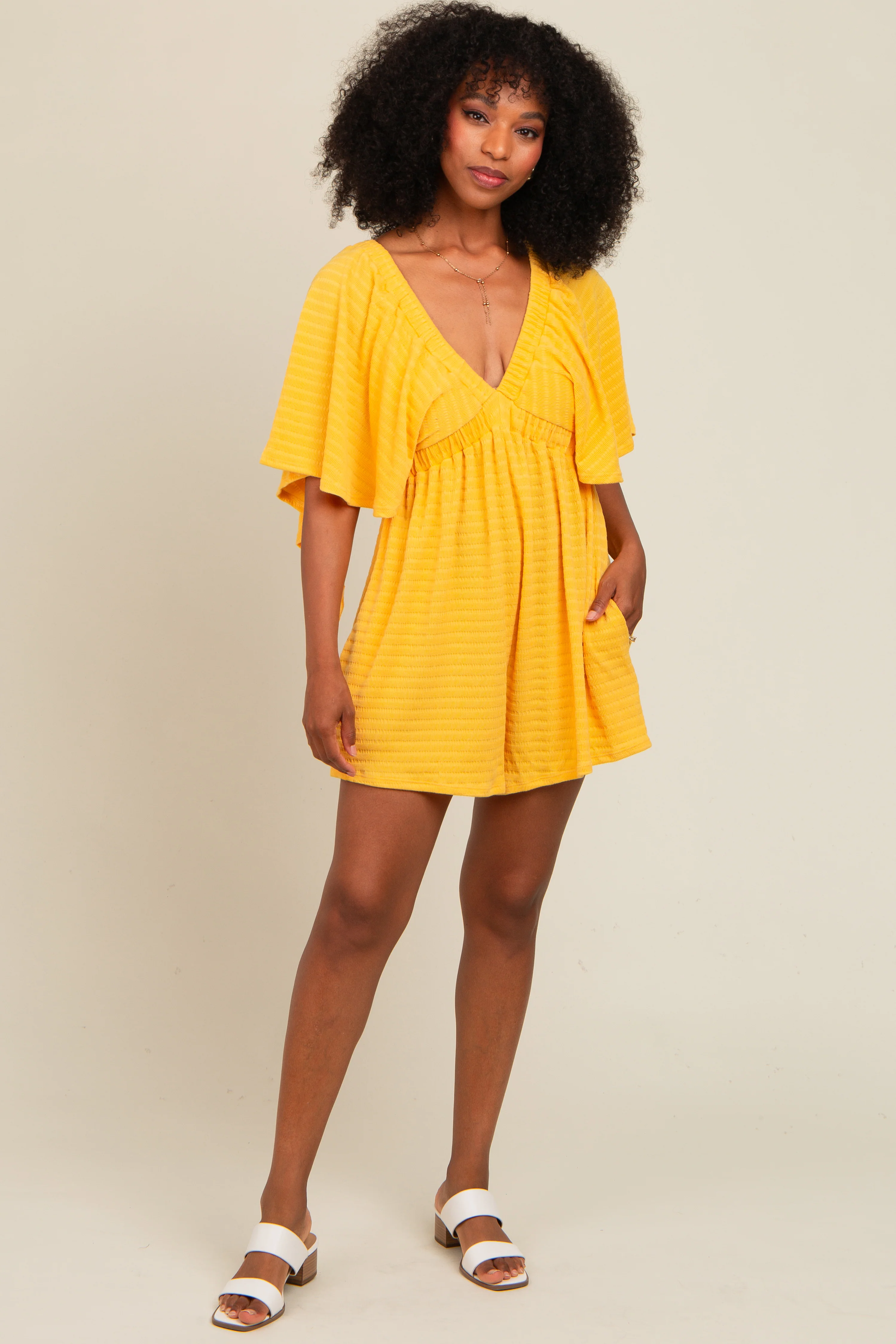 Yellow Textured Open Back Maternity Romper - Image 4
